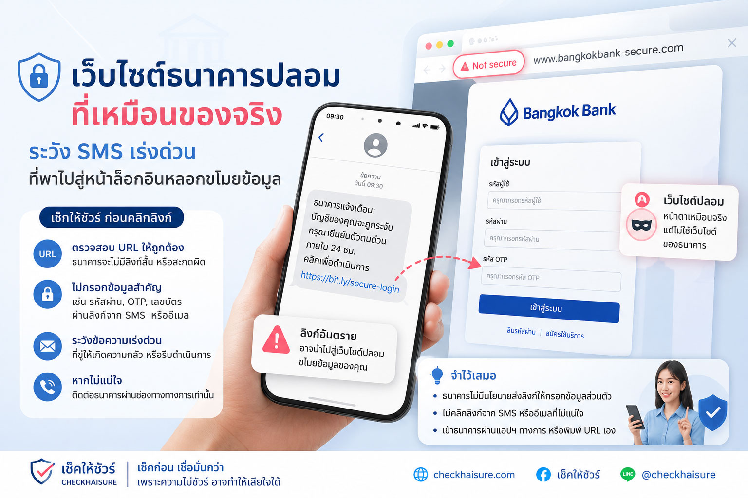 เว็บไซต์ธนาคารปลอมที่เหมือนของจริง: ระวัง SMS เร่งด่วนที่พาไปสู่หน้าล็อกอินหลอกขโมยข้อมูล