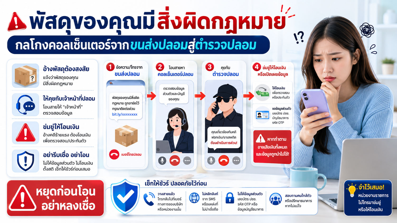 พัสดุของคุณมีสิ่งผิดกฎหมาย: กลโกงคอลเซ็นเตอร์จากขนส่งปลอมสู่ตำรวจปลอม