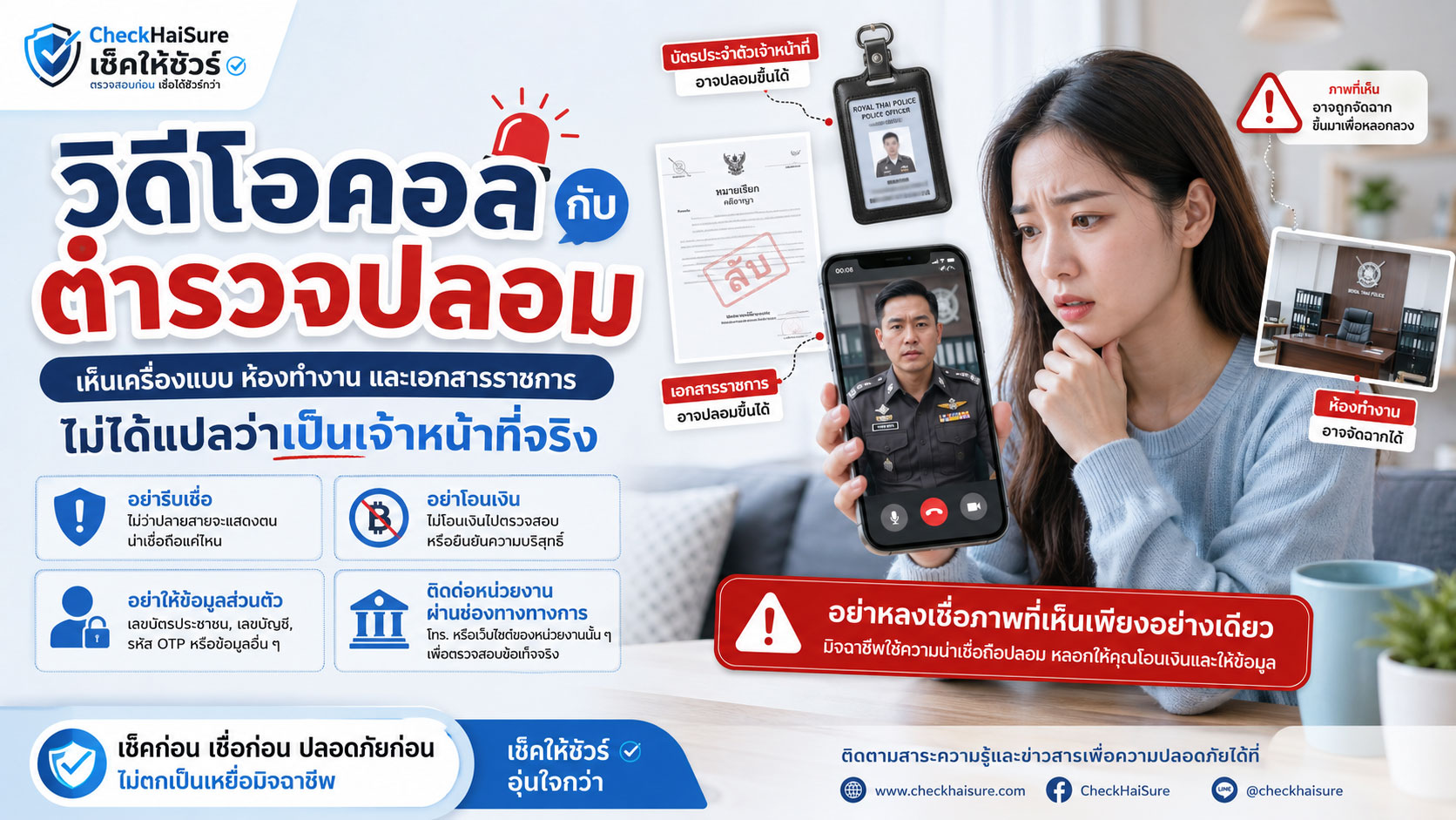 วิดีโอคอลกับตำรวจปลอม: เห็นเครื่องแบบ ห้องทำงาน และเอกสารราชการ ไม่ได้แปลว่าเป็นเจ้าหน้าที่จริง