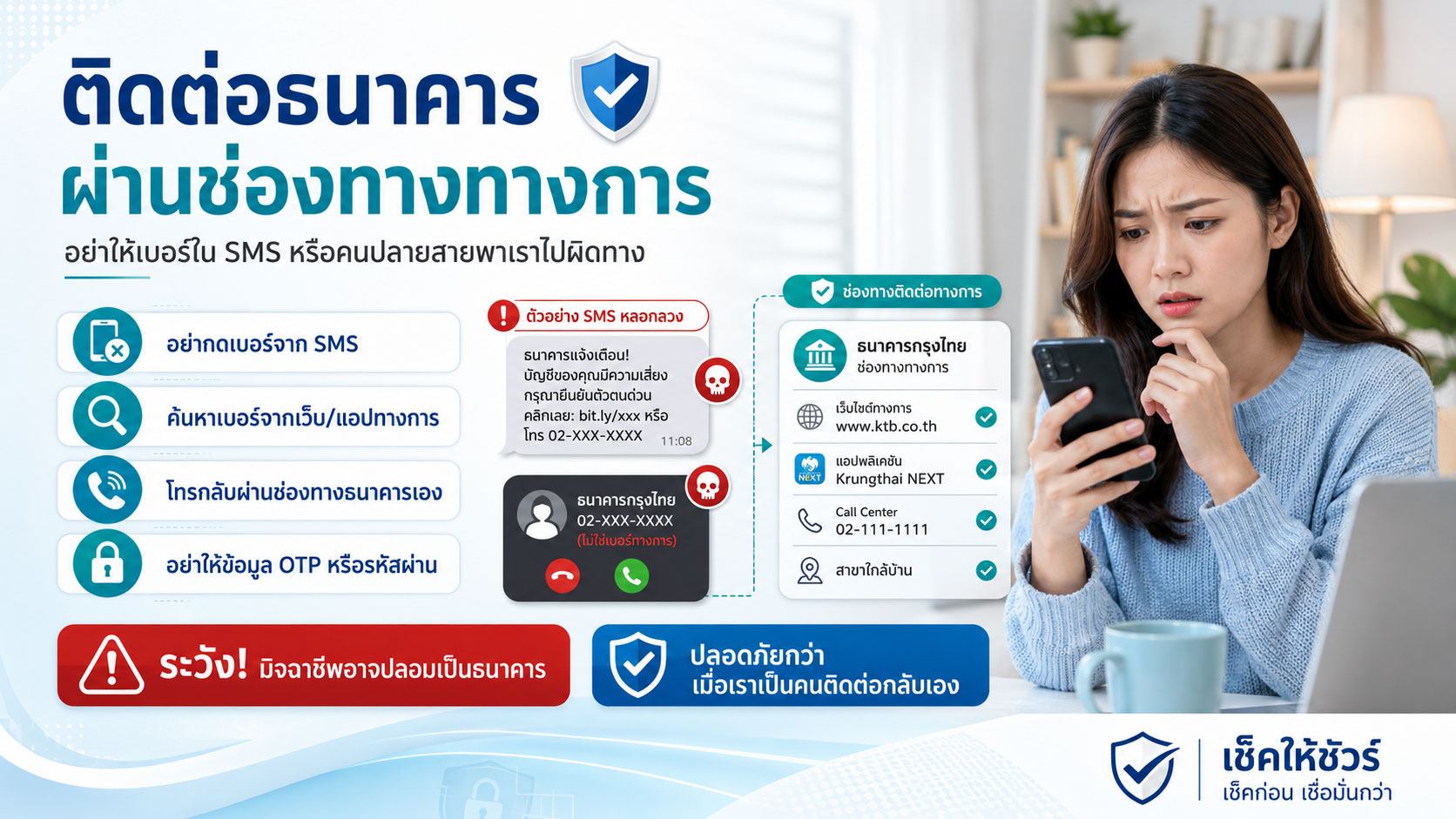 ติดต่อธนาคารผ่านช่องทางทางการ: อย่าให้เบอร์ใน SMS หรือคนปลายสายพาเราไปผิดทาง